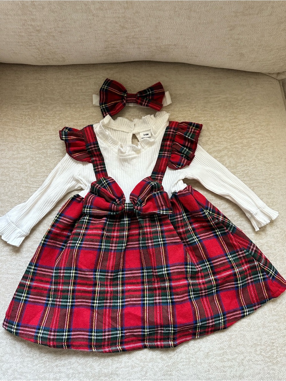SHEIN Red Plaid Suspender Skirt with White Ruffled Top and Bow Headband